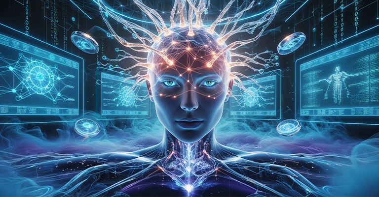 Futuristic depiction of an AI-powered human-like figure with neural connections, surrounded by glowing screens and data visuals.
