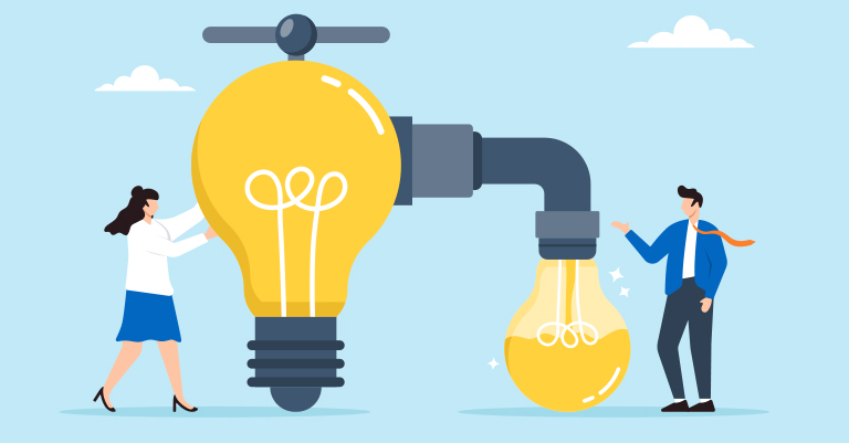 TransferLearn_2 • Andrew Roche AI Illustration of a woman and man transferring a large lightbulb through a faucet to create a new smaller lightbulb, symbolizing idea sharing.