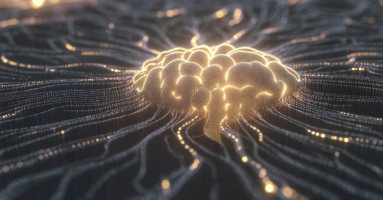 DeepFrameworks_1 • Andrew Roche AI A glowing digital brain formed by luminous particles with radiating neural pathways, symbolizing deep learning and artificial intelligence.