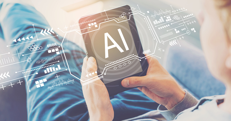 DeepFrameworks_2 • Andrew Roche AI Person holding a tablet displaying the letters “AI” with futuristic digital interface elements overlayed, representing artificial intelligence use.