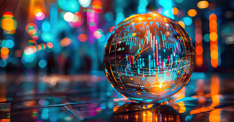 DeepFrameworks_4 • Andrew Roche AI Glowing glass sphere displays dynamic stock charts and digital data, representing AI-driven analytics and global tech innovation in a vibrant setting.