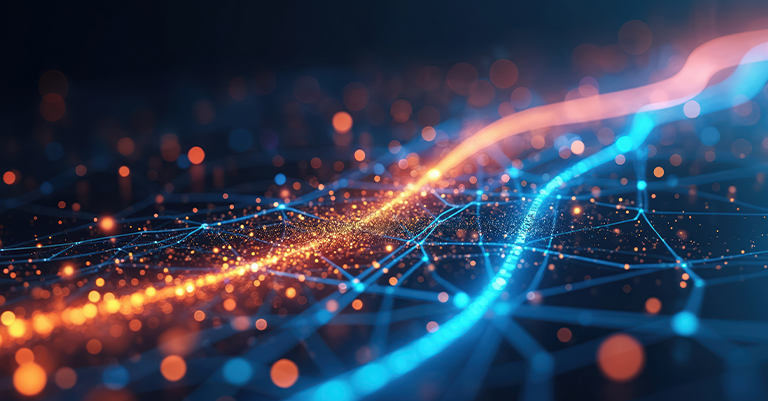 NeuralNetwork_1 • Andrew Roche AI Abstract visualization of neural network pathways with glowing orange and blue lines connecting across a digital grid.