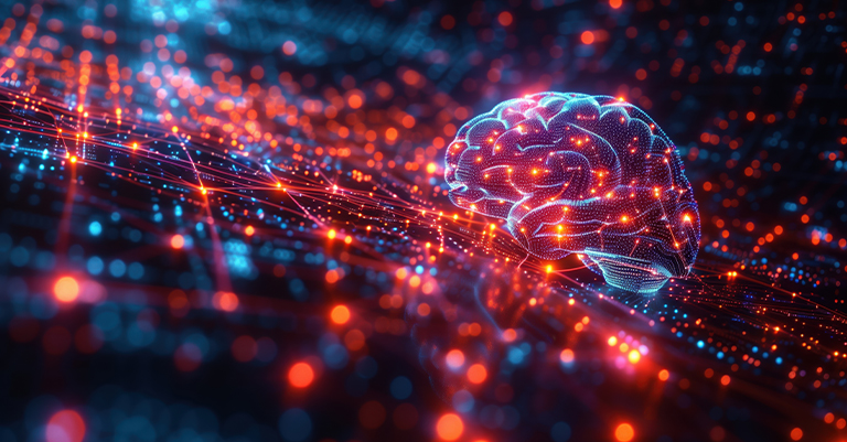 NeuralNetwork_2 • Andrew Roche AI Futuristic digital brain connected to a glowing neural network of data points and pathways in red and blue lights.