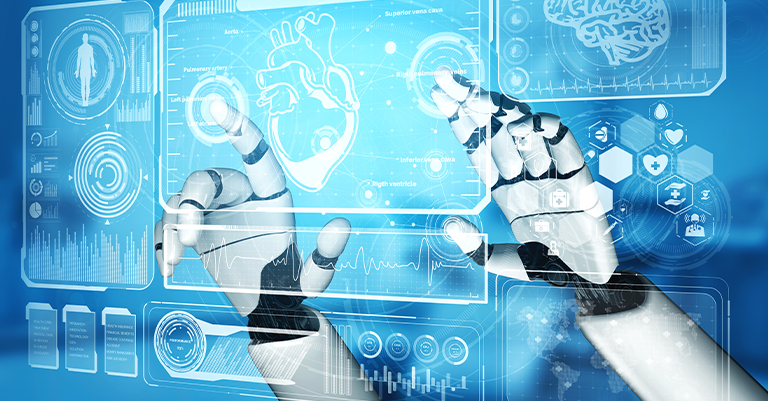 NeuralNetwork_3 • Andrew Roche AI Robotic hands interacting with a futuristic digital interface displaying a heart diagram, medical data, and neural network visuals.