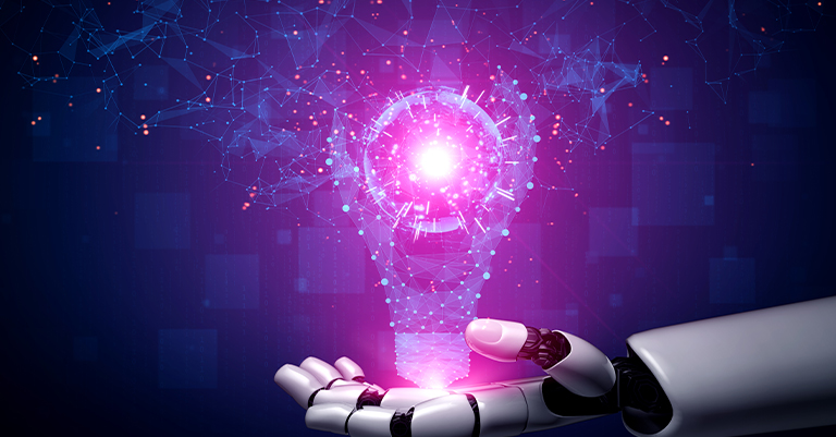 NeuralNetwork_4 • Andrew Roche AI Robotic hand holding a glowing digital lightbulb made of networked nodes and lines, symbolizing AI-powered innovation.