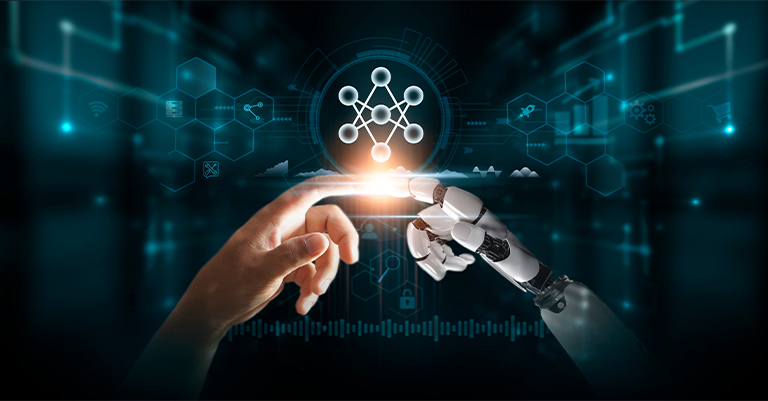 NeuralNetwork_6 • Andrew Roche AI A robotic hand and a human hand reaching out to touch fingertips, symbolizing AI and human collaboration in technology.