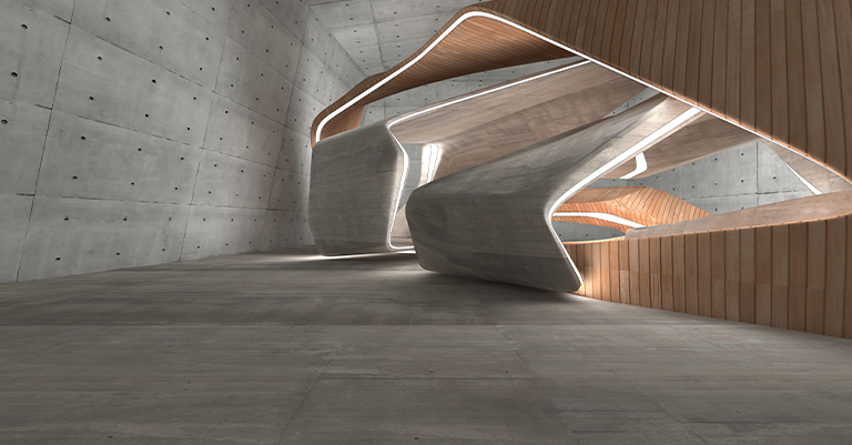 Convolutional_2 • Andrew Roche AI Futuristic interior with curving concrete forms, wood accents, and soft white lighting in a modern minimalist architectural space.