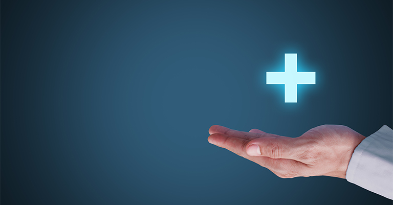 Convolutional_4 • Andrew Roche AI Hand held out under a glowing blue plus sign on a dark gradient background, symbolizing positivity, addition, or healthcare concept.
