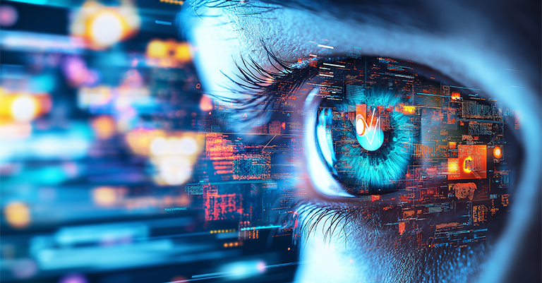 Convolutional_5 • Andrew Roche AI Close-up of a blue eye reflecting vibrant digital data and graphs, symbolizing technology, AI, and data-driven vision.