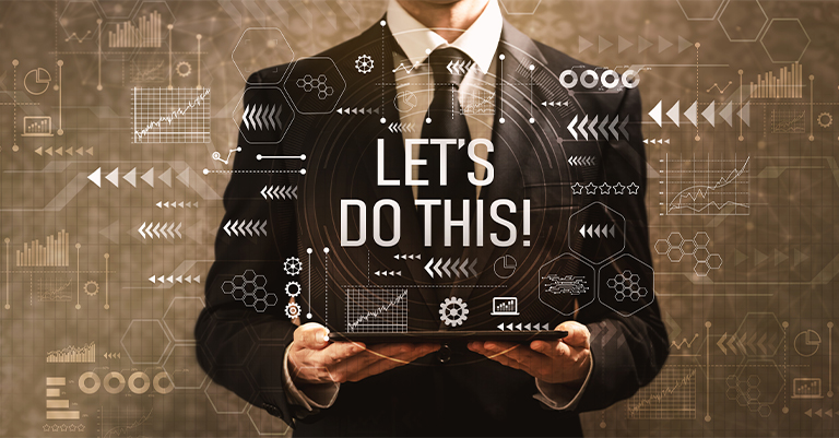 Convolutional_7 • Andrew Roche AI Businessperson holds tablet with “LET’S DO THIS!” text, surrounded by digital charts, graphs, and geometric data icons on a dark background.