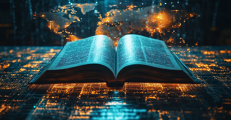 TextAnalysis_2 • Andrew Roche AI An open book surrounded by glowing data lines and world maps, symbolizing knowledge and information flow.
