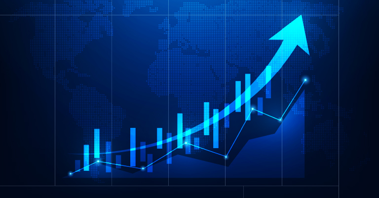 TextAnalysis_3 • Andrew Roche AI Blue graph chart showing a sharp upward trend with a large arrow symbolizing growth and success.