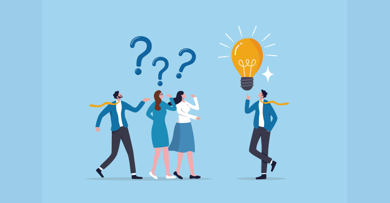 TextAnalysis_6 • Andrew Roche AI Illustration of three confused people facing a person holding a glowing lightbulb, symbolizing an idea.
