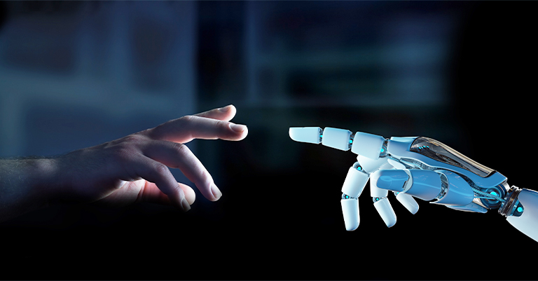 TextAnalysis_7 • Andrew Roche AI A human hand reaching toward a robotic hand, symbolizing the connection between humans and technology.