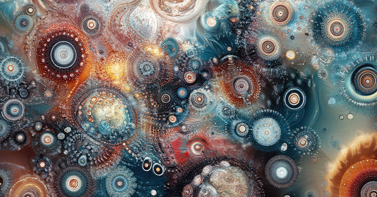 Unsupervised_1 • Andrew Roche AI Abstract visualization of clustered circular patterns in various colors, symbolizing data points and groupings in a complex system.