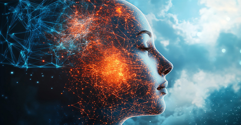 Unsupervised_2 • Andrew Roche AI Digital profile of a human face with neural network connections glowing in orange and blue against a cloudy sky.